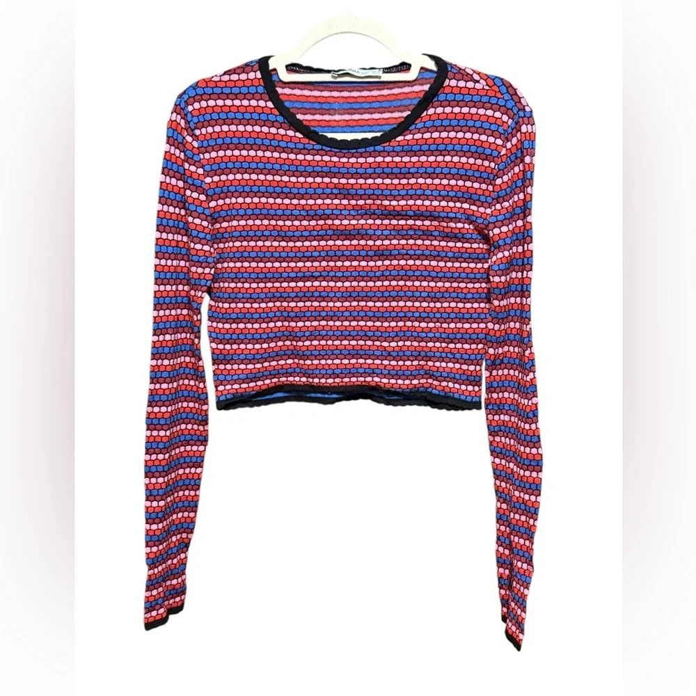 Zara Knit Striped Multicolor Textured Crop Long Sleeve Top Sz M Retro‎ 70s